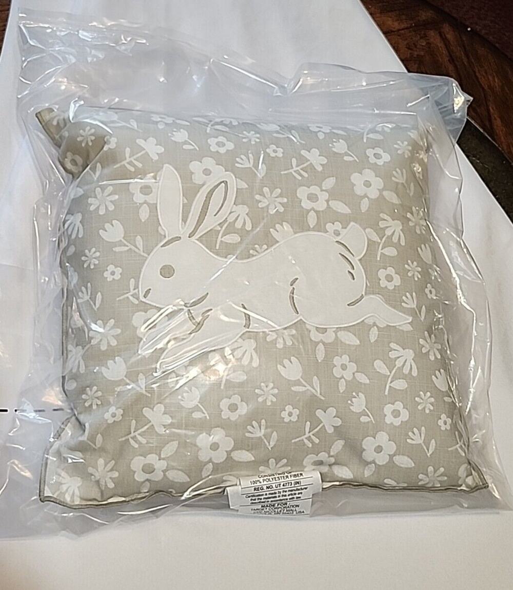 Easter Bunny Throw Pillow 16"x16" Sealed in Bag Embroidered Tan White Floral